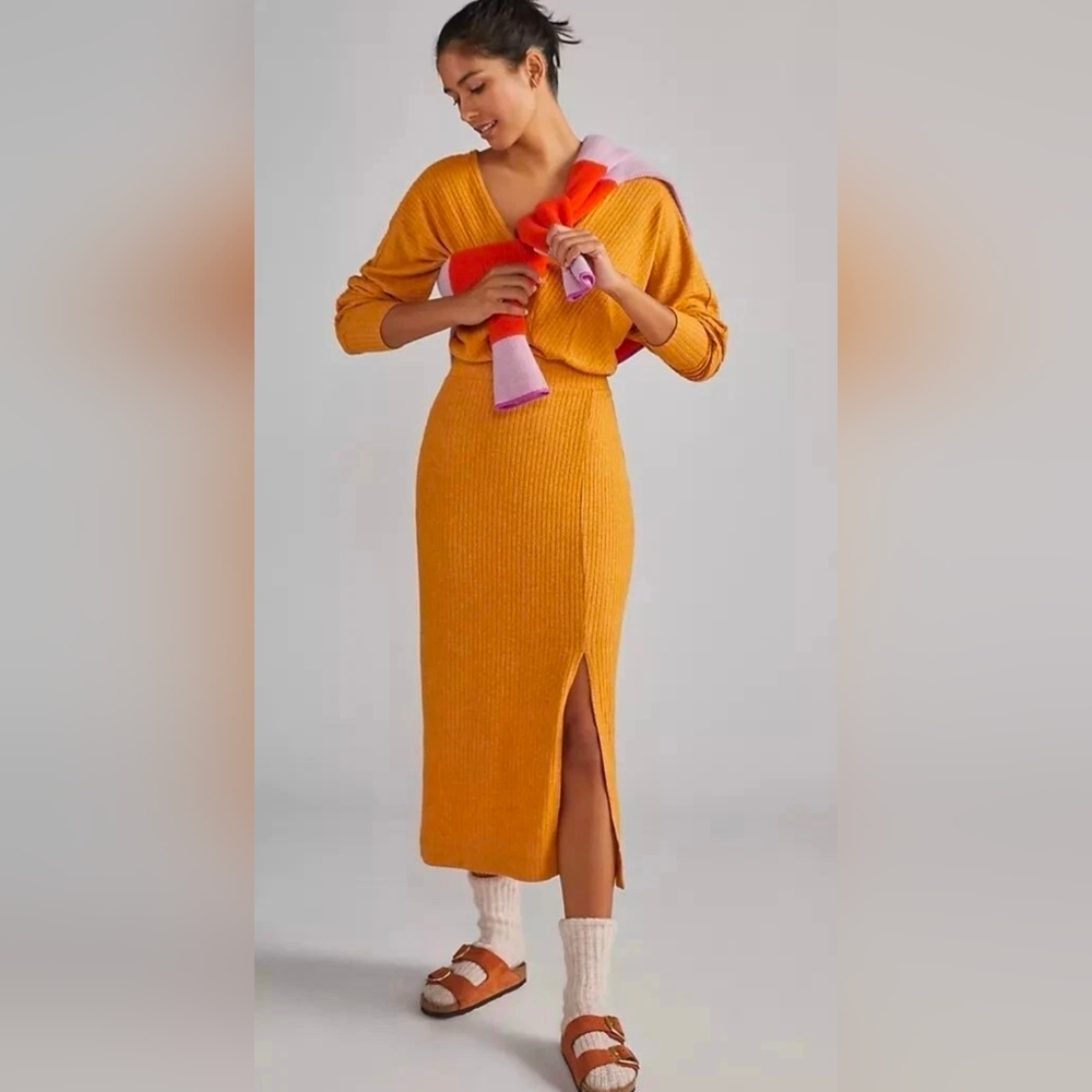 Daily Practice Anthropologie Barre Ribbed Knit Mustard Maxi Side Slit Dress XL